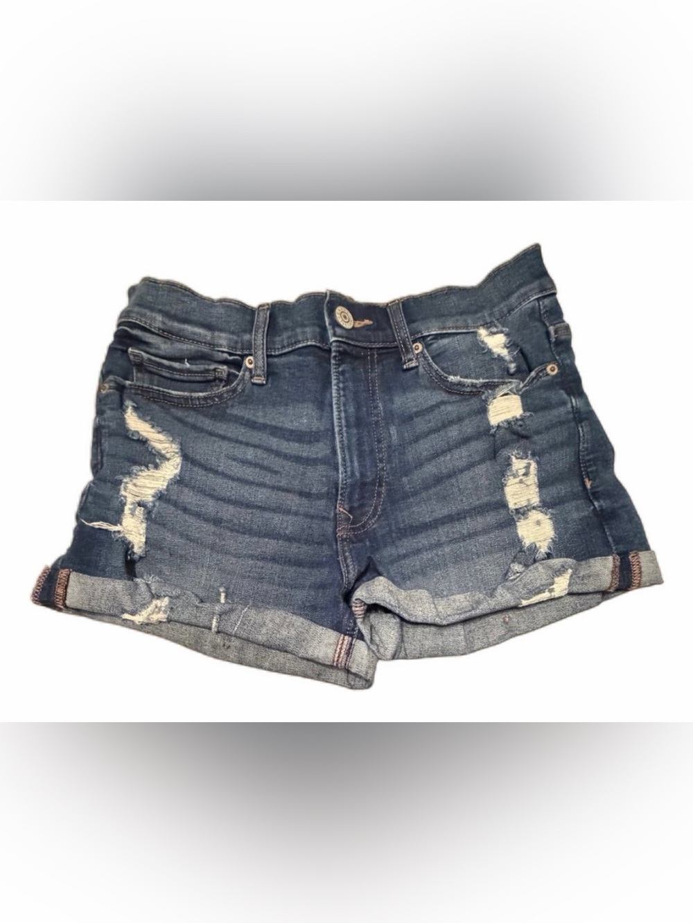 EXPRESS Blue Denim Shortie High-Rise Performance Stretch Deconstructed Shorts